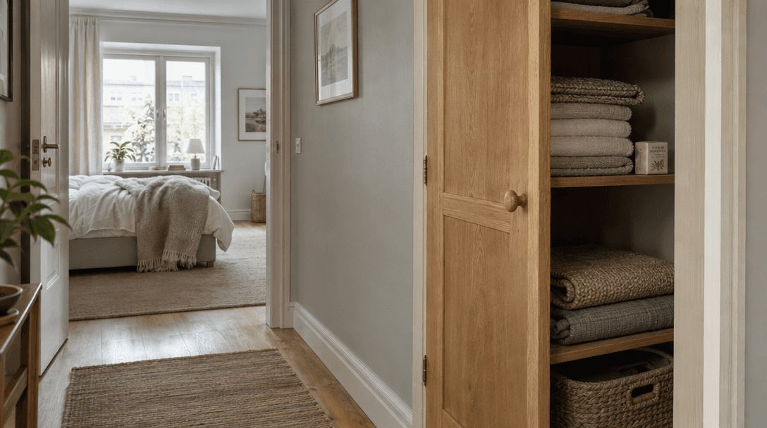 A lived-in hallway opening into a bedroom, with a cupboard holding folded mats and towels.