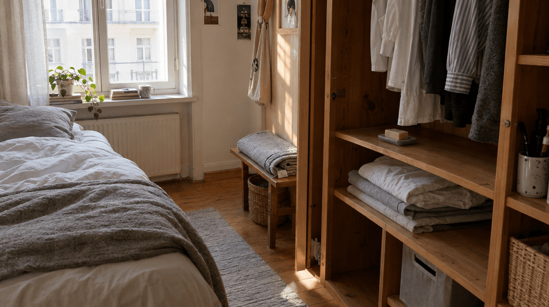 A lived-in bedroom with folded floor mats and soap beside an open wooden cupboard.